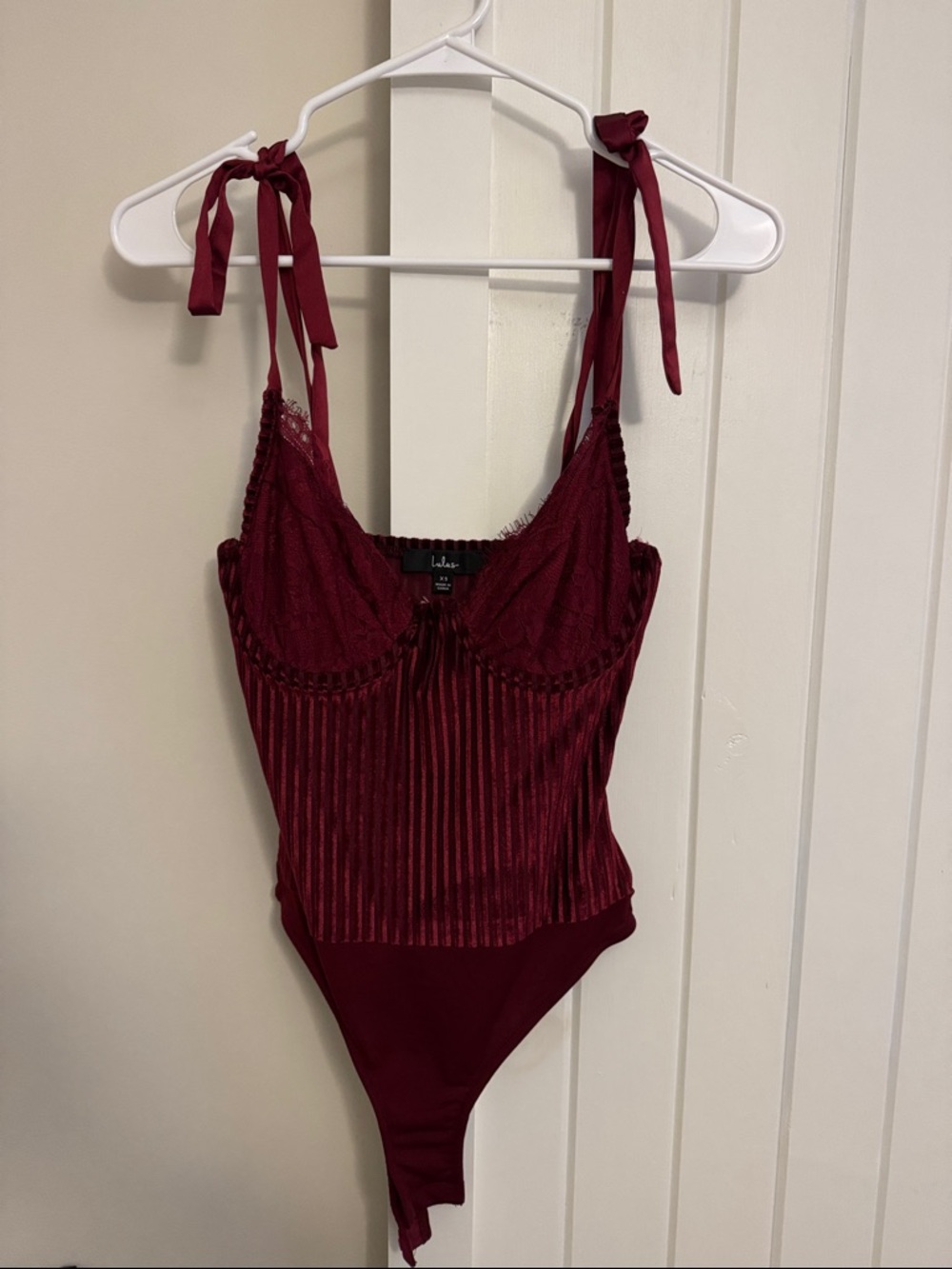 Lulu's Wine Burgundy Lace-Trim Tie-Shoulder Bodysuit
